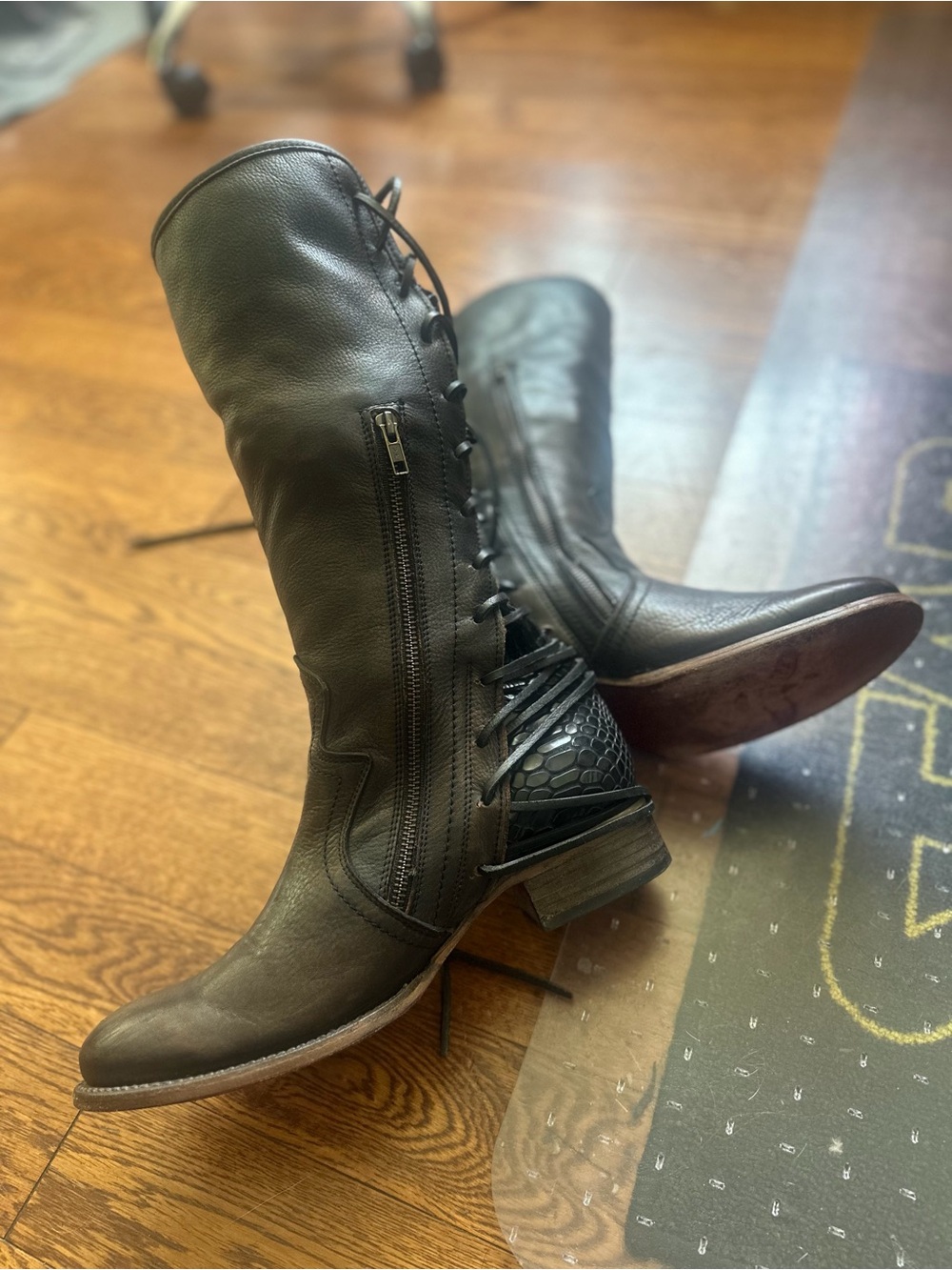 Black Mid-Calf Lace-Up Leather Boots with Side Zipper